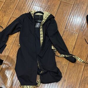 Fendi Black Trench Coat with Gold Logo Trim